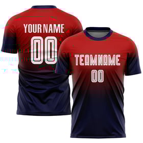 Maillot de football personnalisé rouge, blanc et bleu marine, imprimé par sublimation