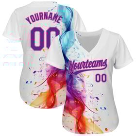 Camiseta de béisbol con diseño musical blanco, notas musicales, morado y rosa, personalizada, colorida y auténtica, para festivales 3D