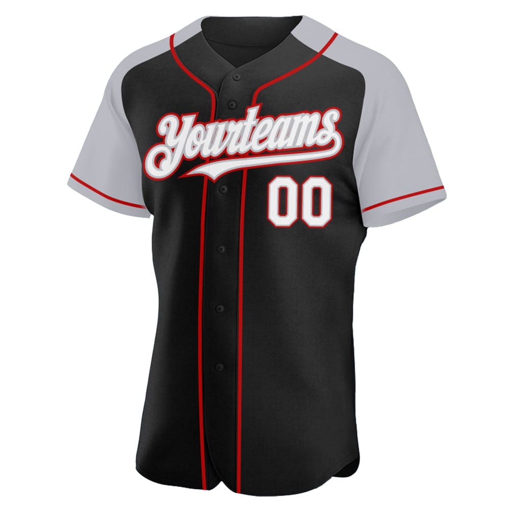 Black White Raglan Sleeves Custom Authentic Gray-Red Baseball Jersey