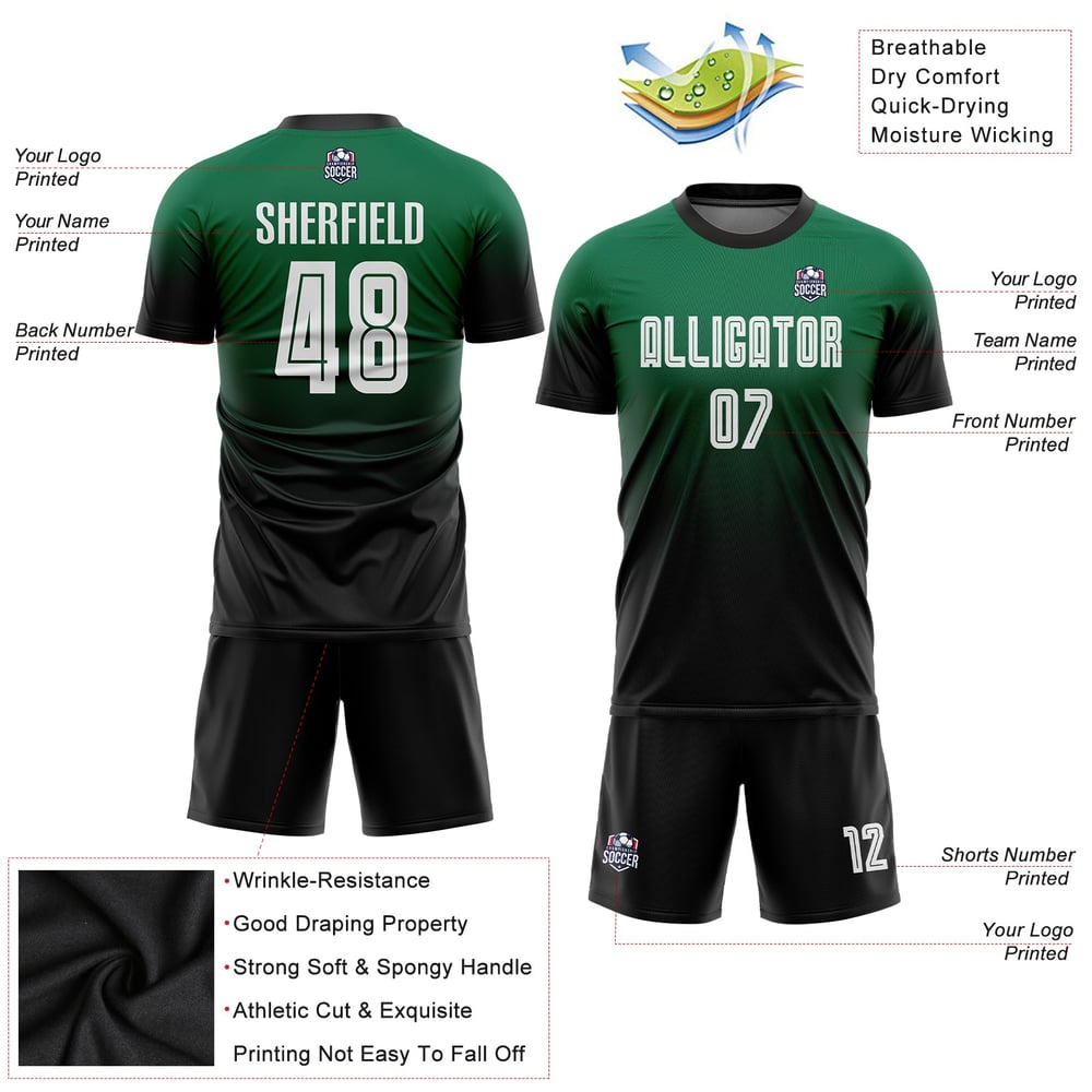 Custom Kelly Green Sublimation White-Black Jersey Soccer Fashion Uniform Fade