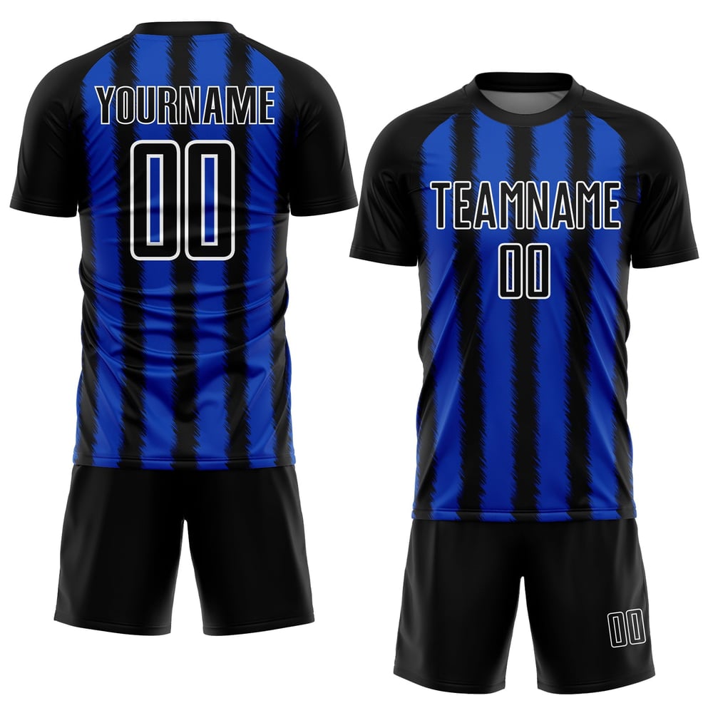 Camiseta de fútbol personalizada con sublimación de línea azul y blanca de Black Thunder