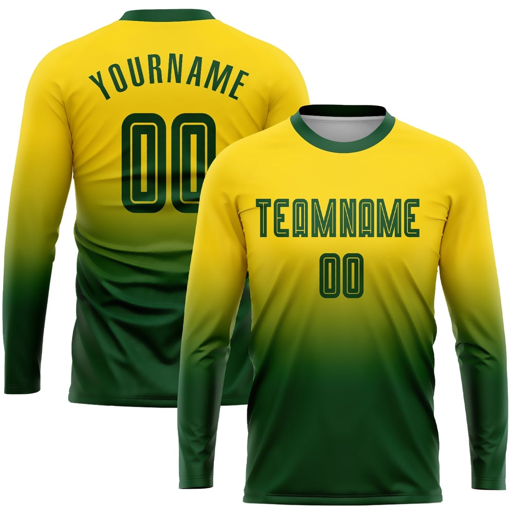 Camiseta de fútbol de manga larga dorada, sublimación, verde, personalizada, con degradado