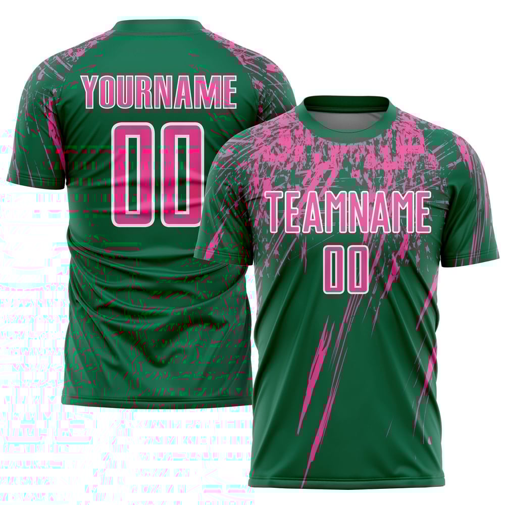 Custom Kelly Green Soccer Uniform Jersey Sublimation Pink-White