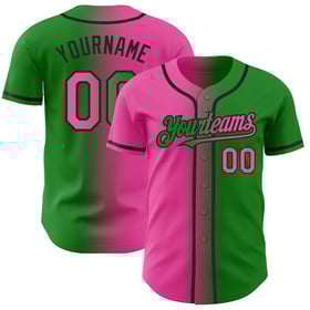 Camiseta de béisbol auténtica, verde, rosa y negra, con degradado, personalizada y a la moda.