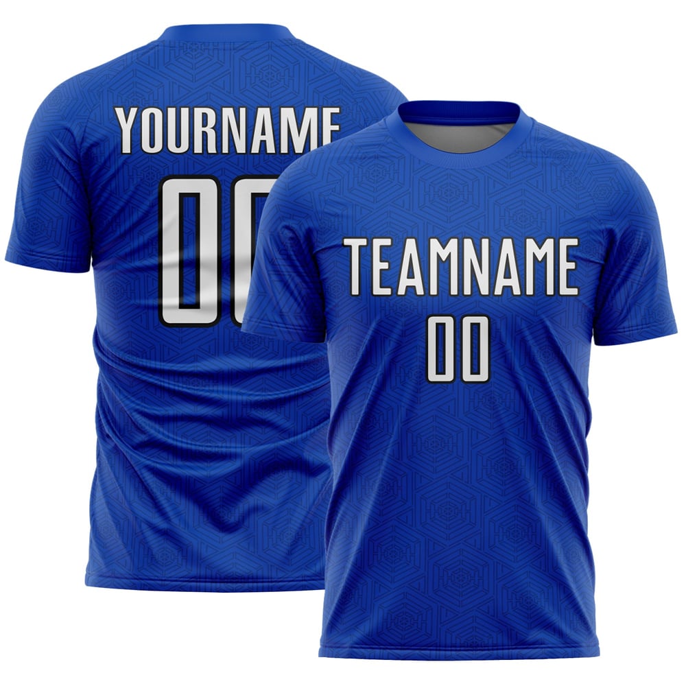 Maglia uniforme da calcio sportiva bianca-nera personalizzata con forma geometrica blu tuono sublimazione