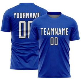 Maglia uniforme da calcio sportiva bianca-nera personalizzata con forma geometrica blu tuono sublimazione