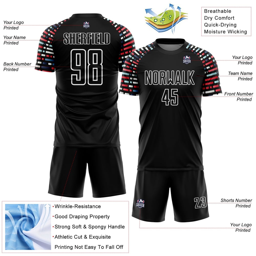 Soccer Geometric Custom Black Jersey Sublimation Uniform Shapes White