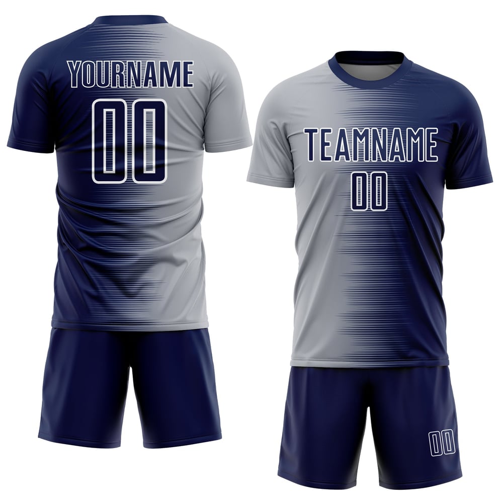 Uniforme de fútbol personalizado degradado, línea gris-blanca, sublimación, camiseta azul marino
