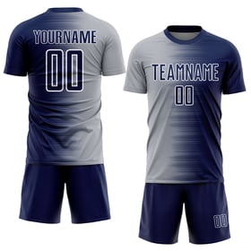 Uniforme de fútbol personalizado degradado, línea gris-blanca, sublimación, camiseta azul marino