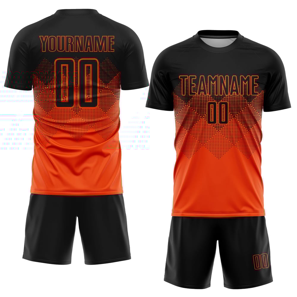 Maglia da calcio personalizzata arancione nera con stampa a sublimazione