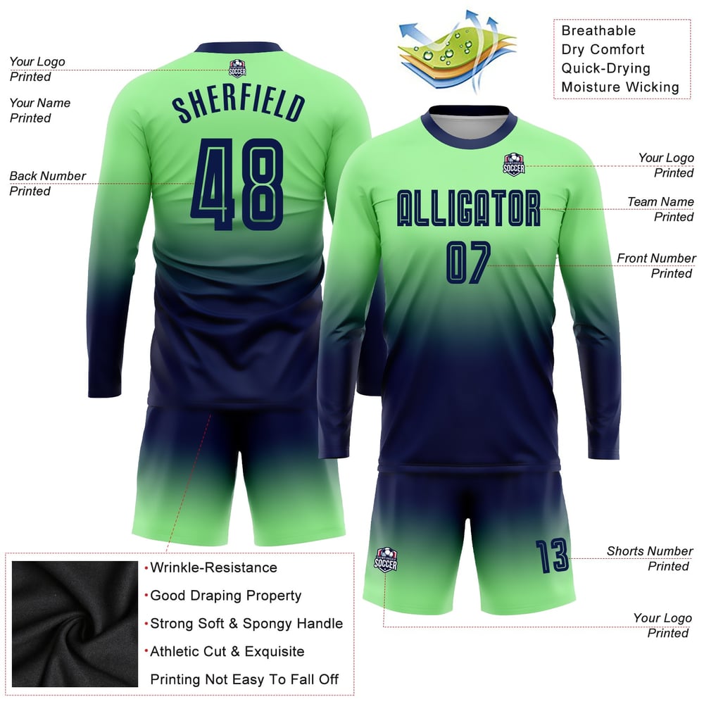 Fashion Jersey Soccer Fade Uniform Sublimation Green Long Navy Pea Sleeve Custom