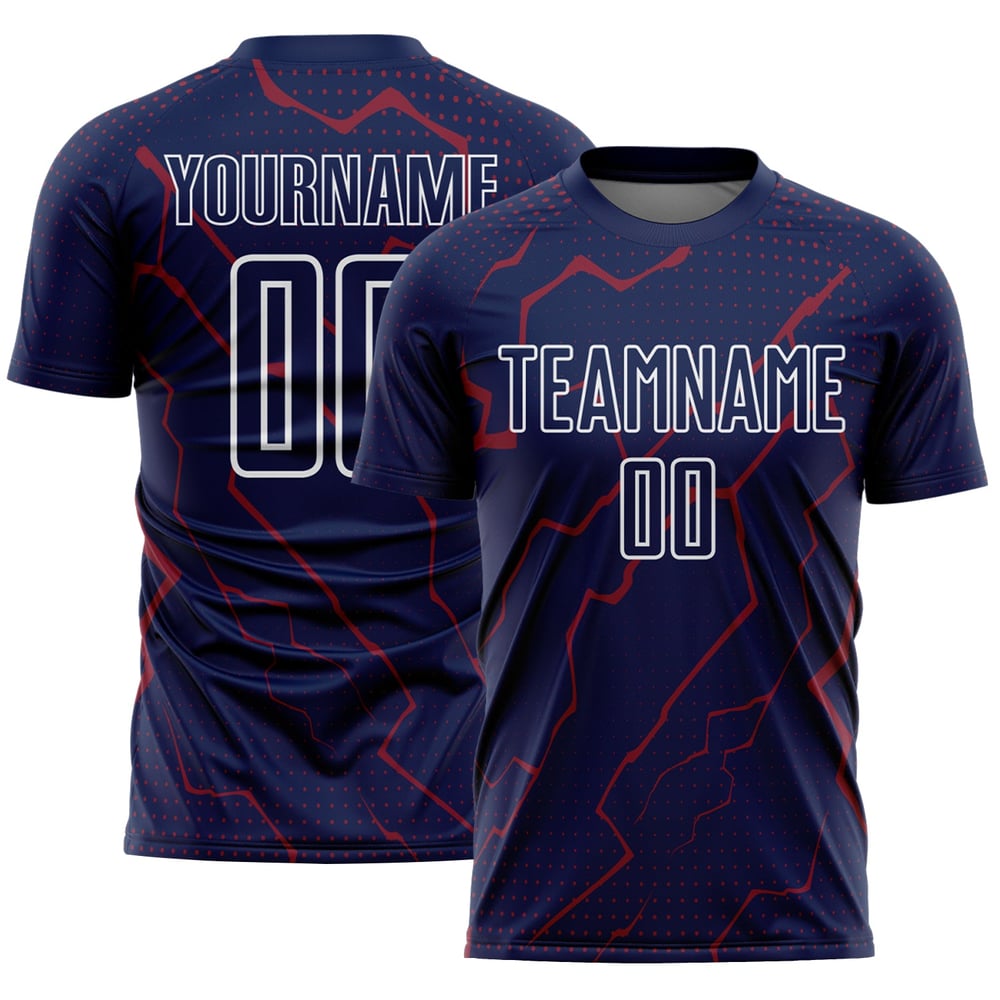 Maglia da calcio sportiva stampata a sublimazione Lightning Uniform Crimson-White Custom Navy
