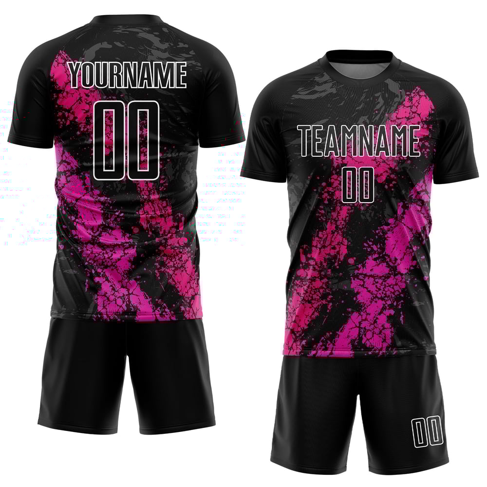 Uniforme personalizado de color rosa intenso con sublimación de salpicaduras y goteo, camiseta de fútbol rosa y negra