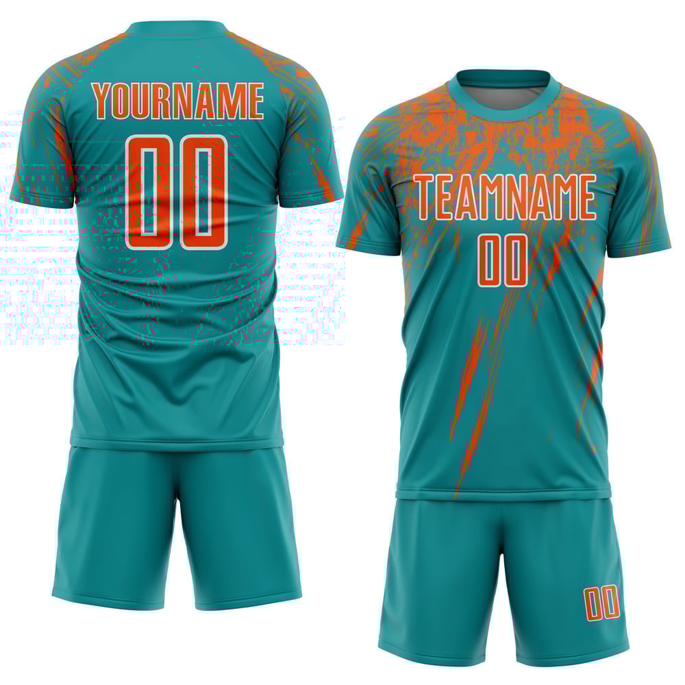 Uniforme de fútbol personalizado por sublimación en verde azulado, naranja y blanco