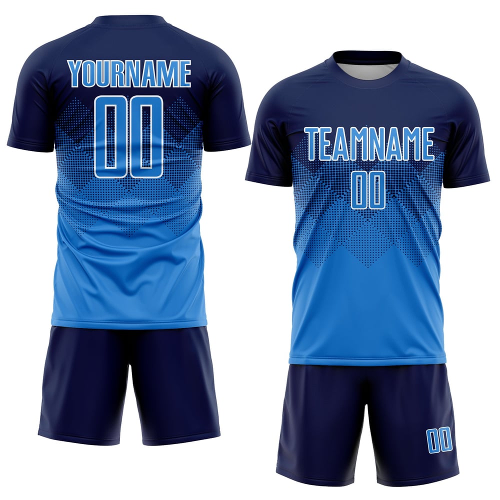 Maglia da calcio personalizzata con stampa a sublimazione blu navy e bianco