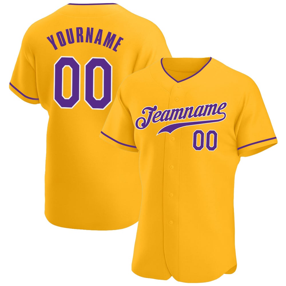 Camiseta de béisbol personalizada auténtica morada y blanca dorada