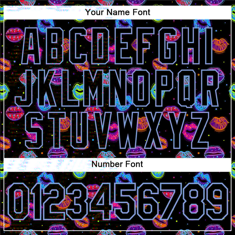 Camiseta de béisbol personalizada con grafiti, labios 3D, luz negra, puntos azules y un auténtico patrón de beso.