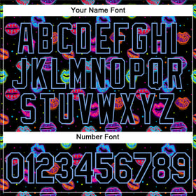 Camiseta de béisbol personalizada con grafiti, labios 3D, luz negra, puntos azules y un auténtico patrón de beso.