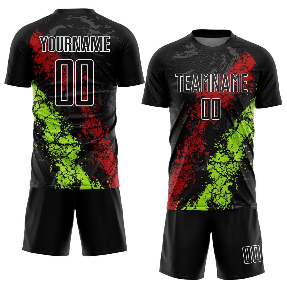 Camiseta de fútbol personalizada con sublimación negra, con salpicaduras de goteo, verde, rojo y neón