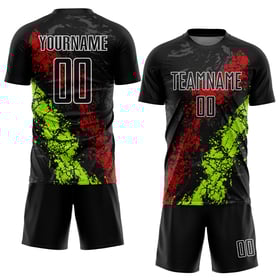 Camiseta de fútbol personalizada con sublimación negra, con salpicaduras de goteo, verde, rojo y neón