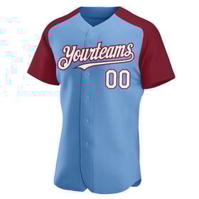 White-Crimson Authentic Raglan Jersey Custom Blue Light Baseball Sleeves