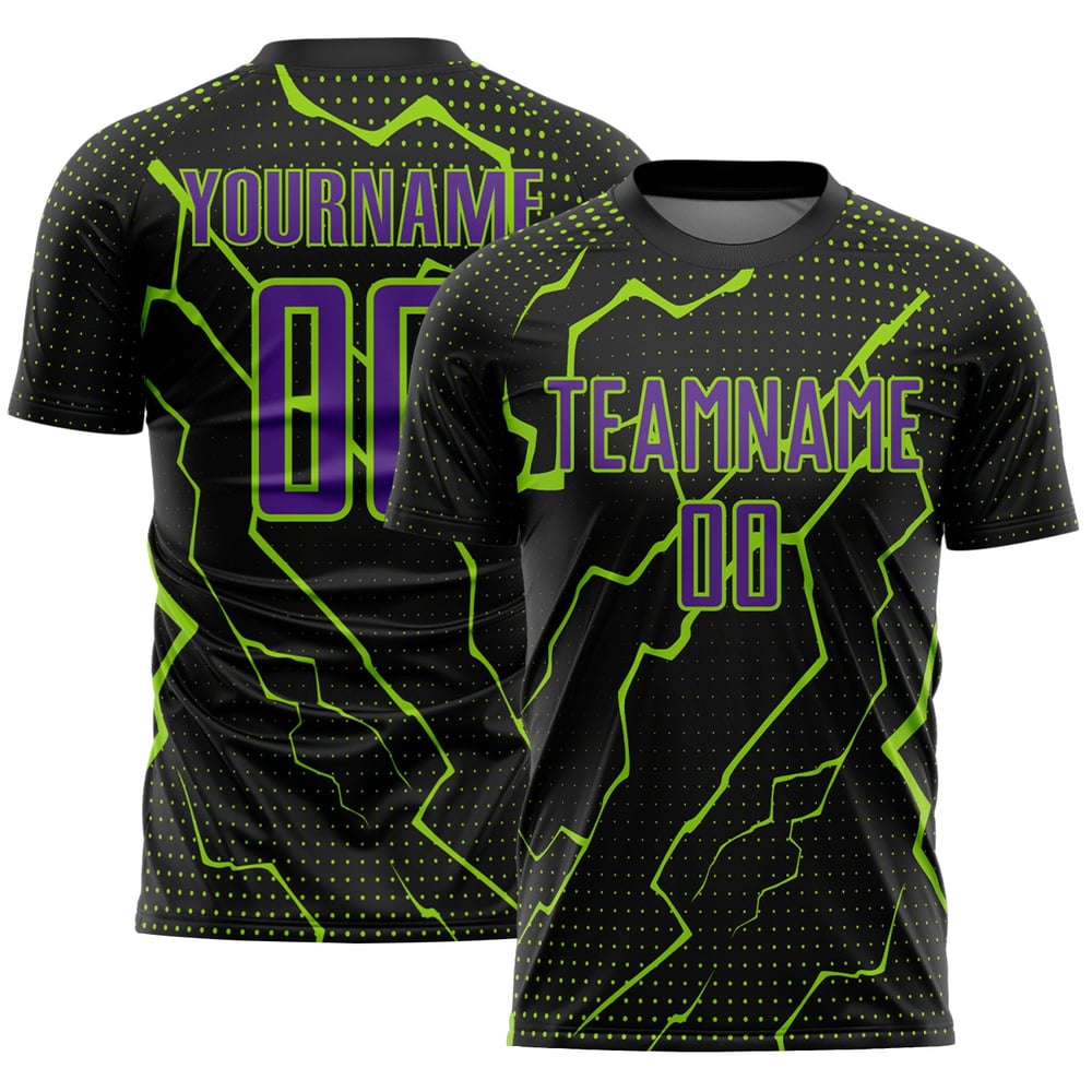 Maglia da calcio nera personalizzata con stampa sublimatica verde viola-neon da uniforme sportiva Lightning