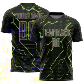 Maglia da calcio nera personalizzata con stampa sublimatica verde viola-neon da uniforme sportiva Lightning