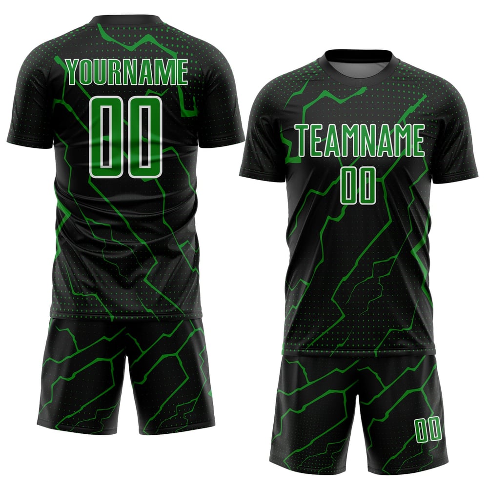Maglia da calcio personalizzata con stampa sublimatica nera, verde e bianca, Lightning Grass