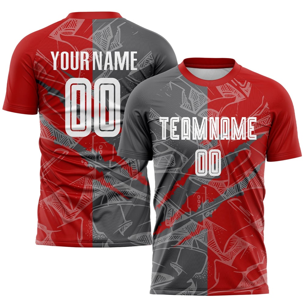 Uniforme de fútbol con estampado de grafiti, camiseta de sublimación personalizada en gris, color rojo y acero