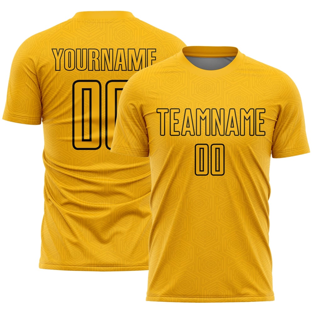 Camiseta de fútbol personalizada con sublimación de formas geométricas en dorado y negro