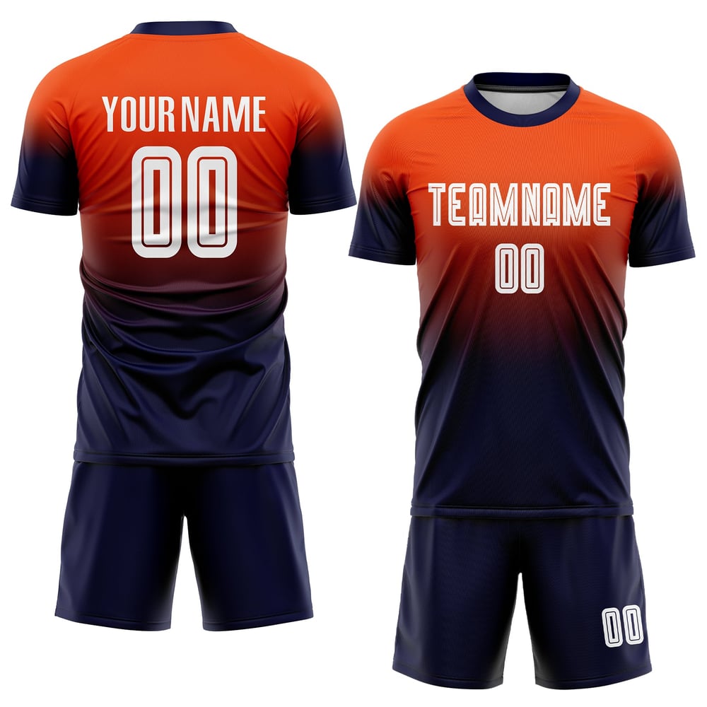 Maillot de football personnalisé orange, blanc et bleu marine, dégradé par sublimation