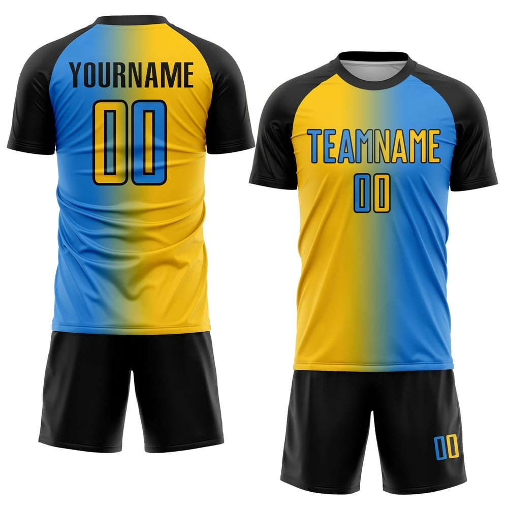Mode Uniform Sublimation Gelb-Schwarz Benutzerdefinierte Gradienten Jersey Fußball Blau Pulver