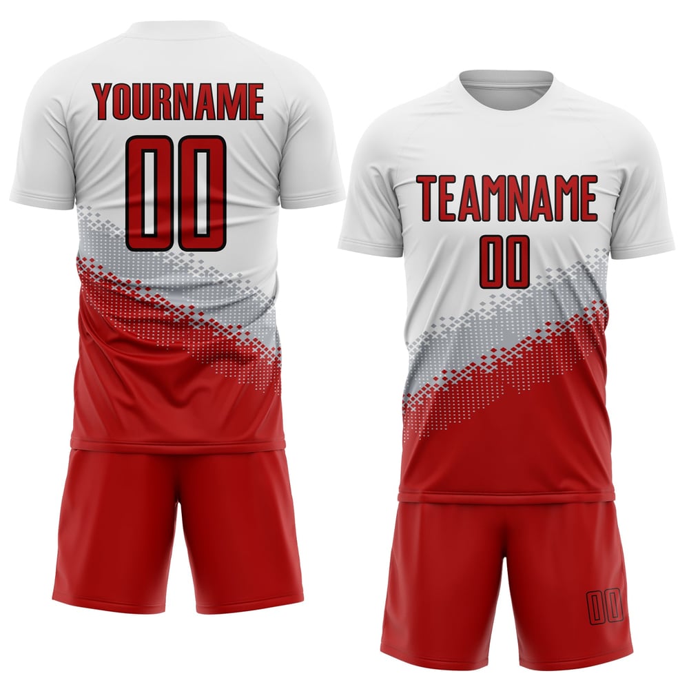 Uniforme de fútbol personalizado con sublimación geométrica, degradado en rojo, gris, negro y blanco.