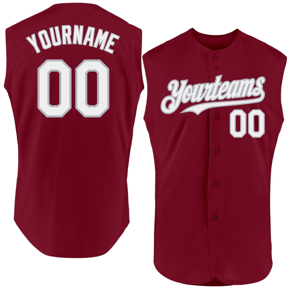 Baseball Sleeveless Crimson Custom Authentic Jersey White-Gray