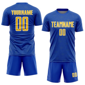Maglia da calcio personalizzata con stampa a sublimazione geometrica blu giallo-bianca Thunder