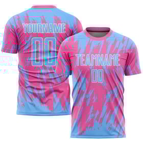 Pink Custom Blue-White Light Uniform Sublimation Soccer Jersey