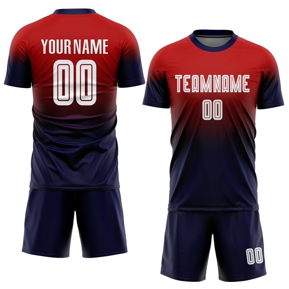 Maillot de football personnalisé rouge, blanc et bleu marine, imprimé par sublimation