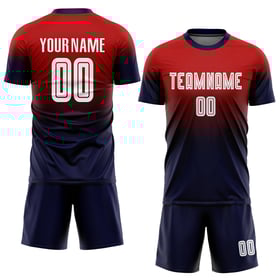 Maillot de football personnalisé rouge, blanc et bleu marine, imprimé par sublimation