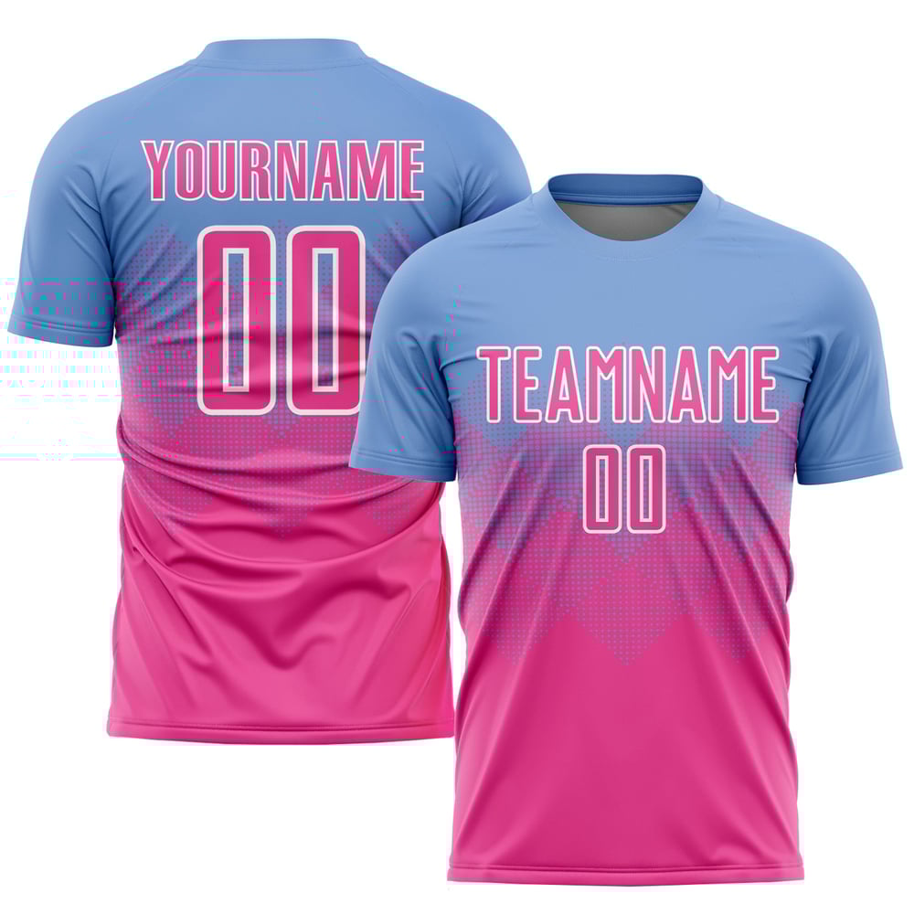 Custom Jersey Soccer Uniform Blue Light Sublimation Pink-White