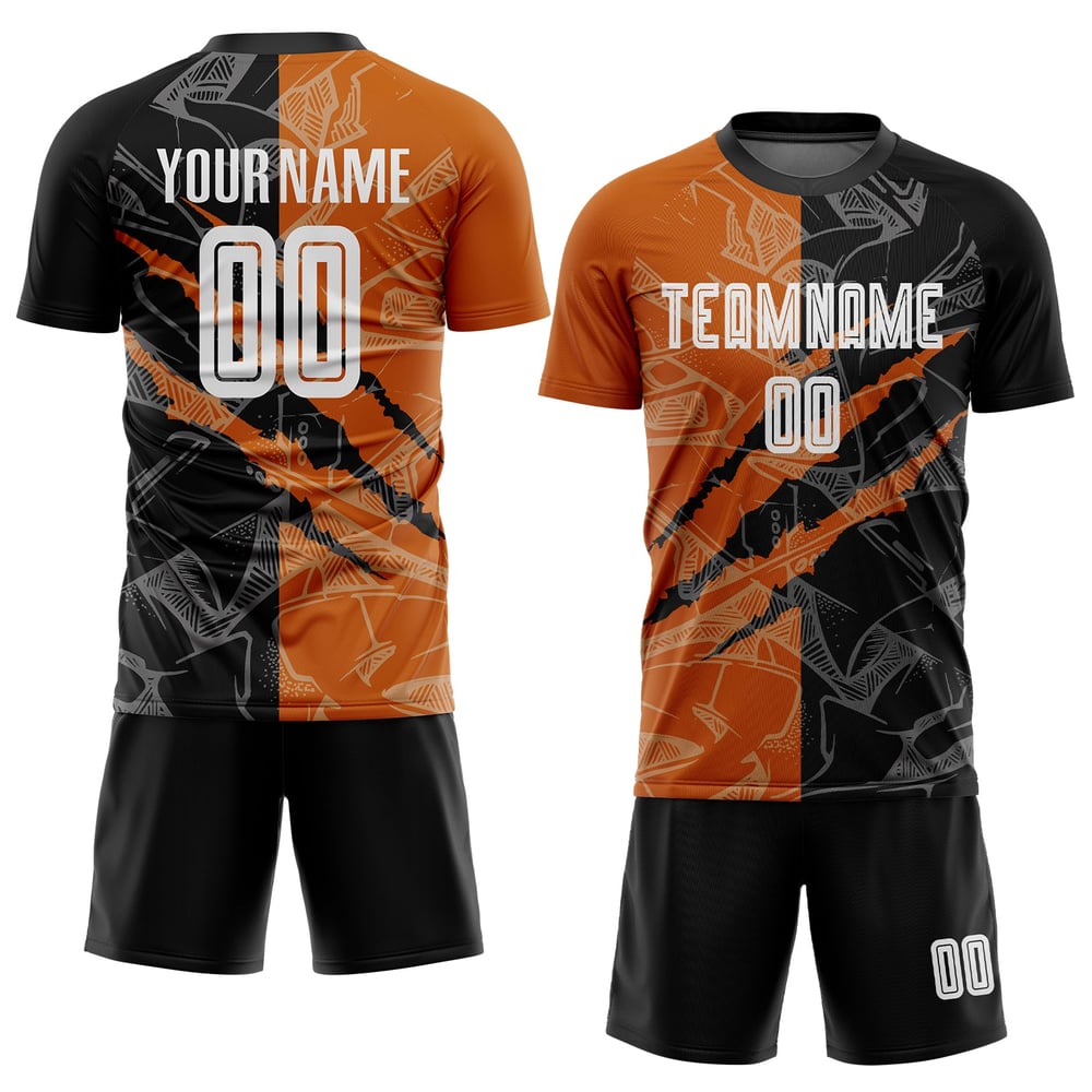 Camiseta de fútbol con grafiti y patrón de sublimación personalizado, color negro y naranja. Uniforme de Texas.
