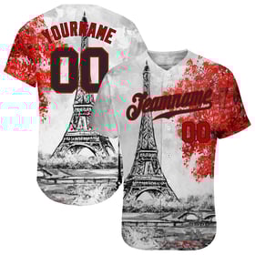 Camiseta de béisbol blanca con diseño personalizado en 3D de la Torre Eiffel, auténtica, negra y roja