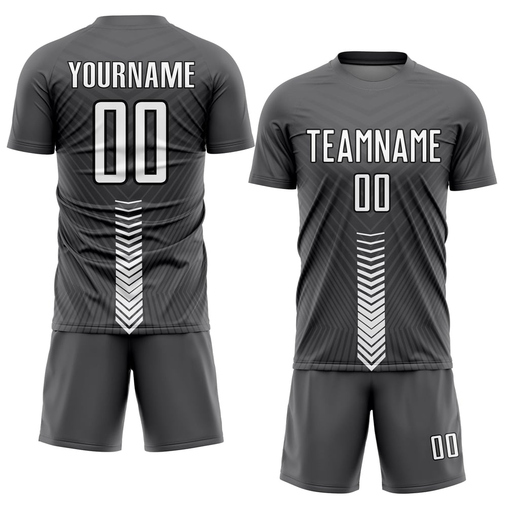 Maillot de football personnalisé à sublimation avec flèches grises, blanches et noires