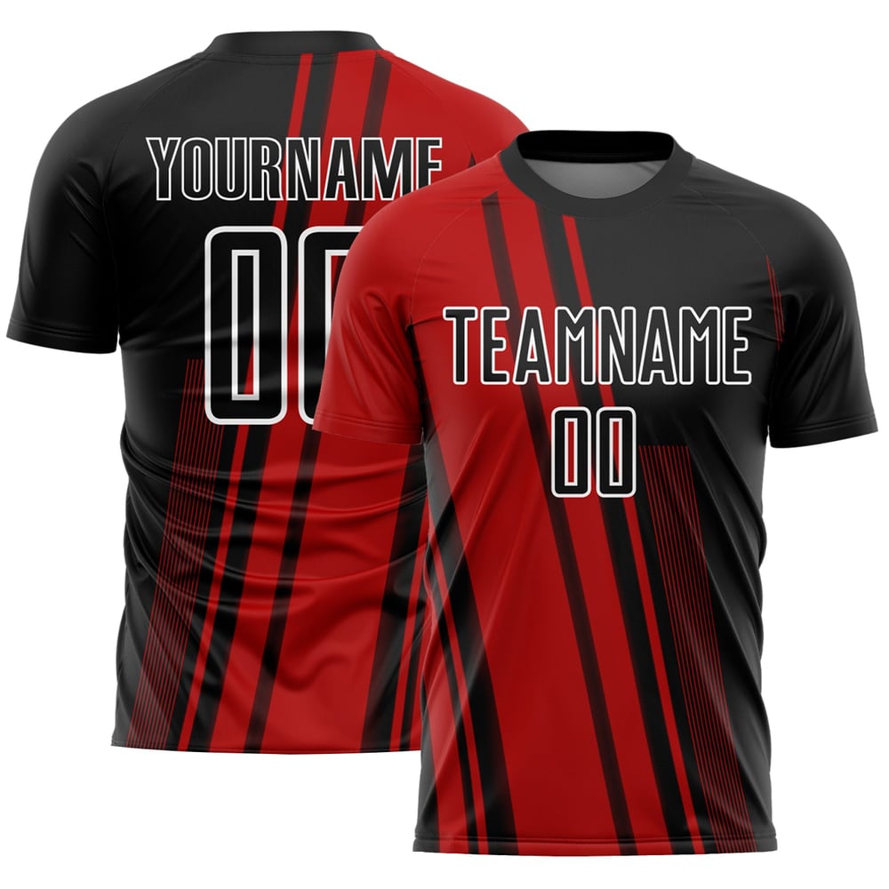 Camiseta roja, negra y blanca, líneas de uniformes de fútbol personalizados por sublimación
