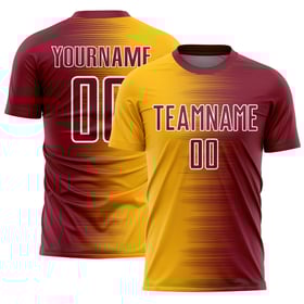 Camiseta de sublimación personalizada con degradado dorado y blanco carmesí para fútbol