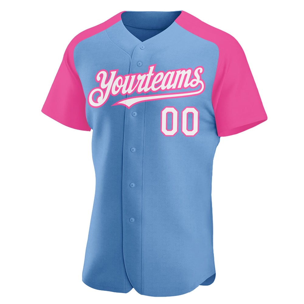 Light White-Pink Custom Sleeves Baseball Blue Raglan Authentic Jersey