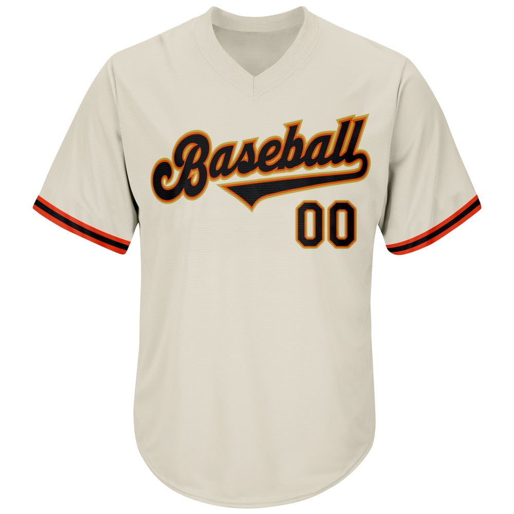 Camiseta de béisbol auténtica color crema, de punto acanalado, estilo retro, personalizada, color negro y naranja