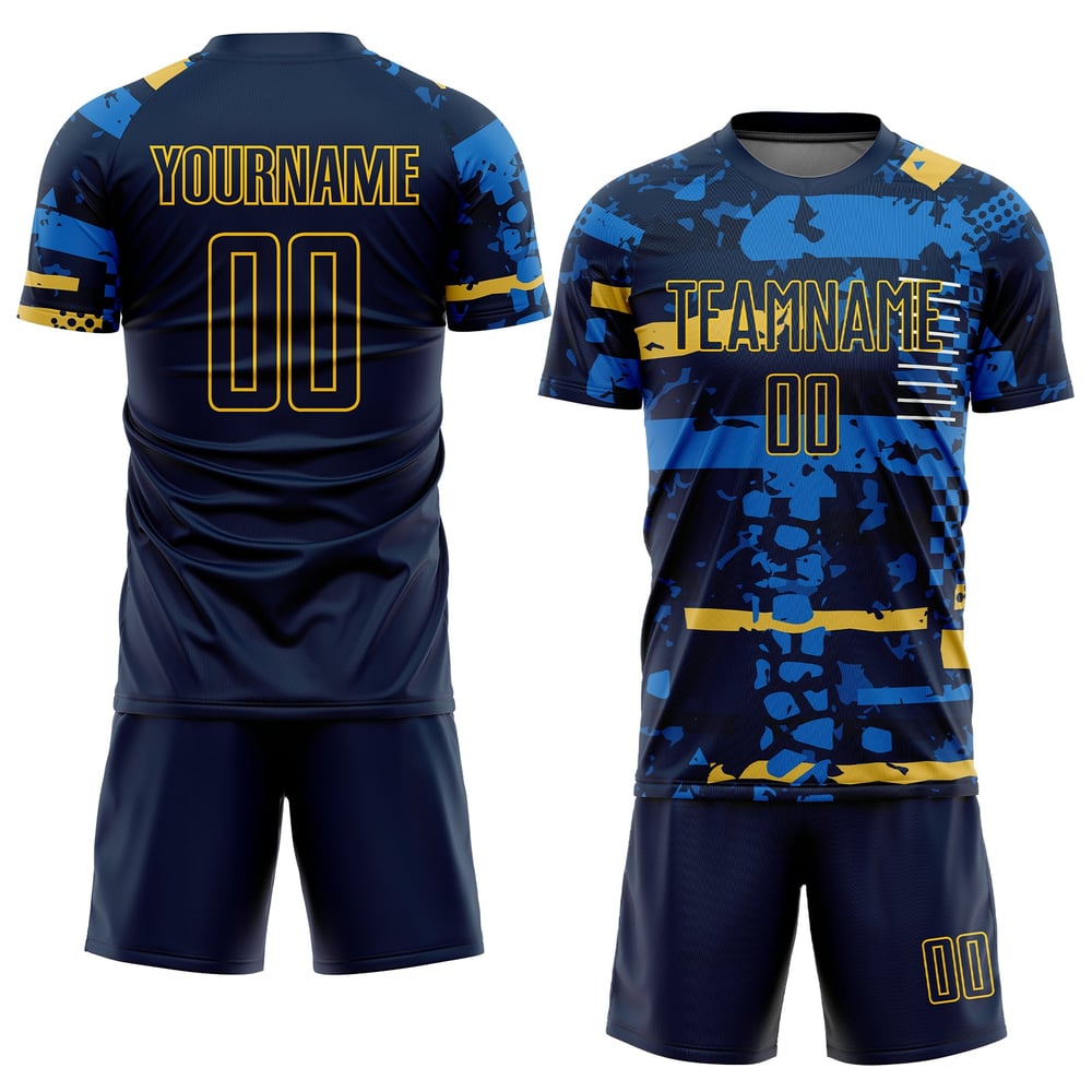 Maillot de football personnalisé bleu marine et or par sublimation