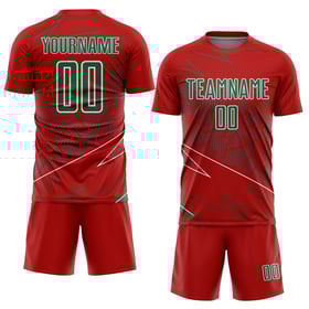 Maglia da calcio sportiva personalizzata con linee rosse, uniforme Kelly verde-bianca, stampata a sublimazione