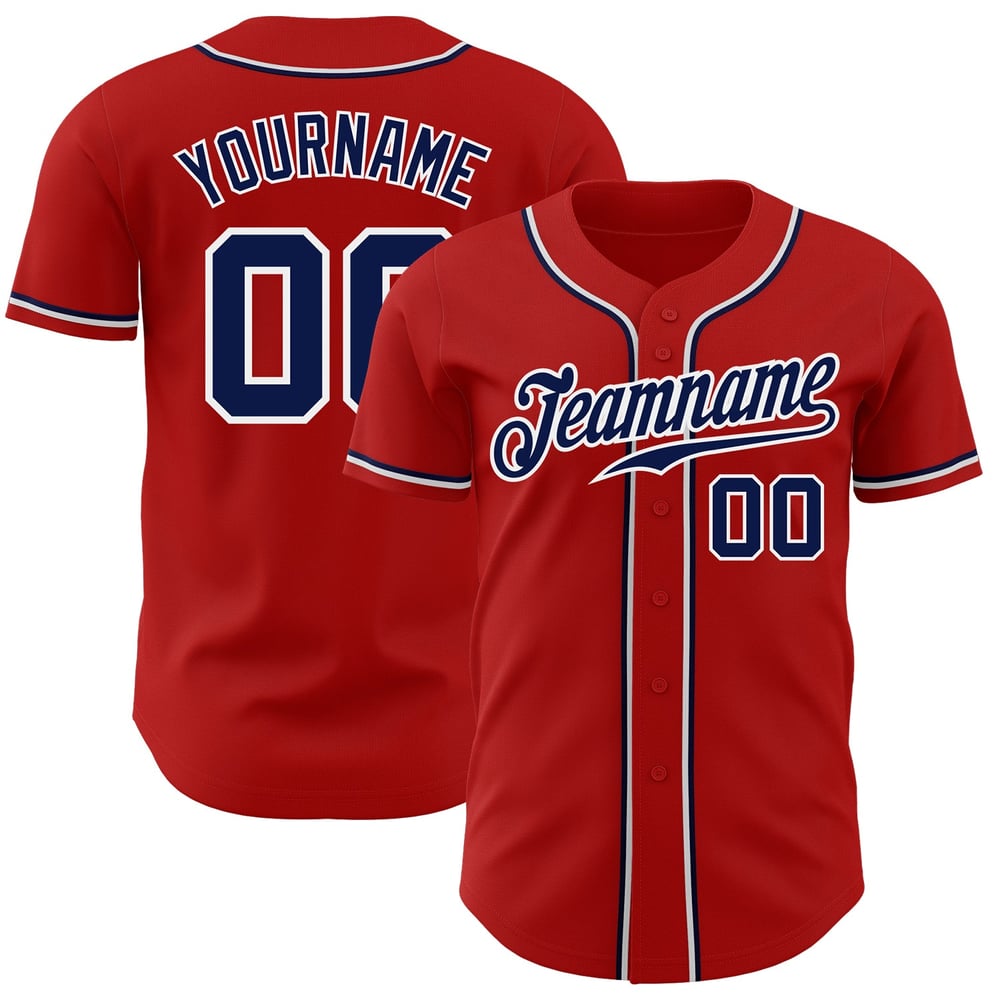 Camiseta de béisbol auténtica roja personalizada azul marino y blanca