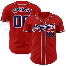 Camiseta de béisbol auténtica roja personalizada azul marino y blanca